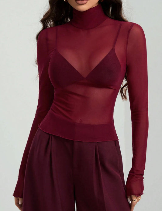 Mesh High Neck Long Sleeve Sheer Blouse