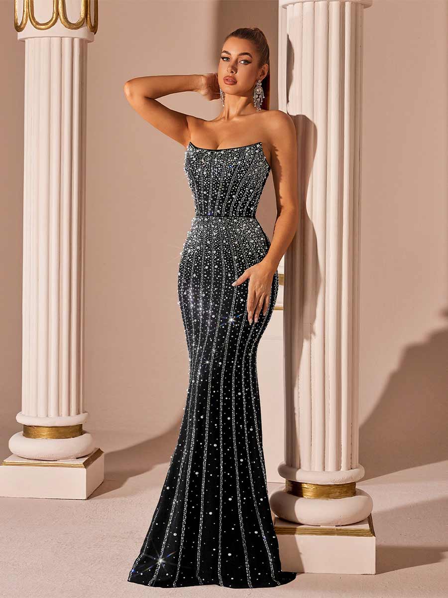 Thea Strapless Fish Tail Rhinestone Maxi Dress