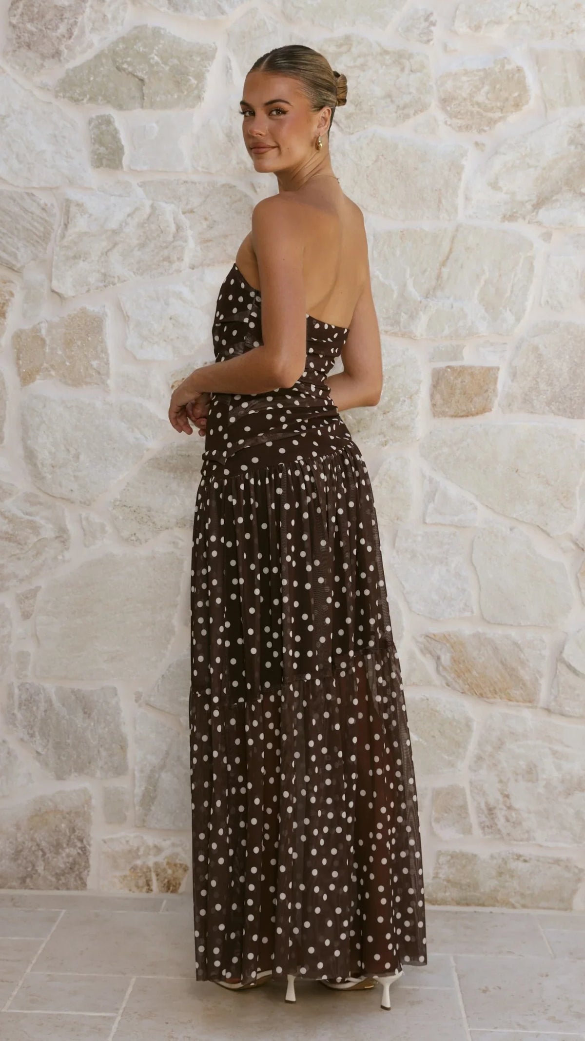 Riko Strapless Maxi Dress - Chocolate Polka