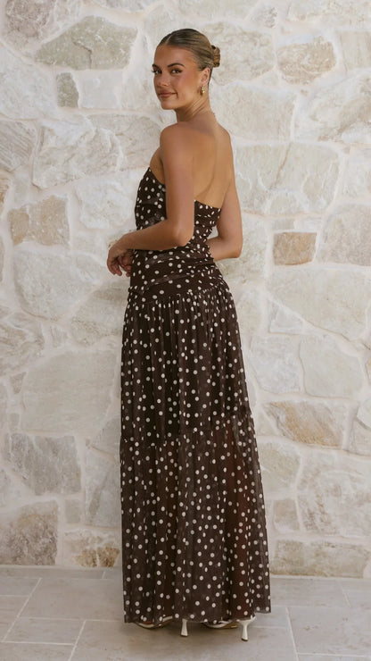 Riko Strapless Maxi Dress - Chocolate Polka