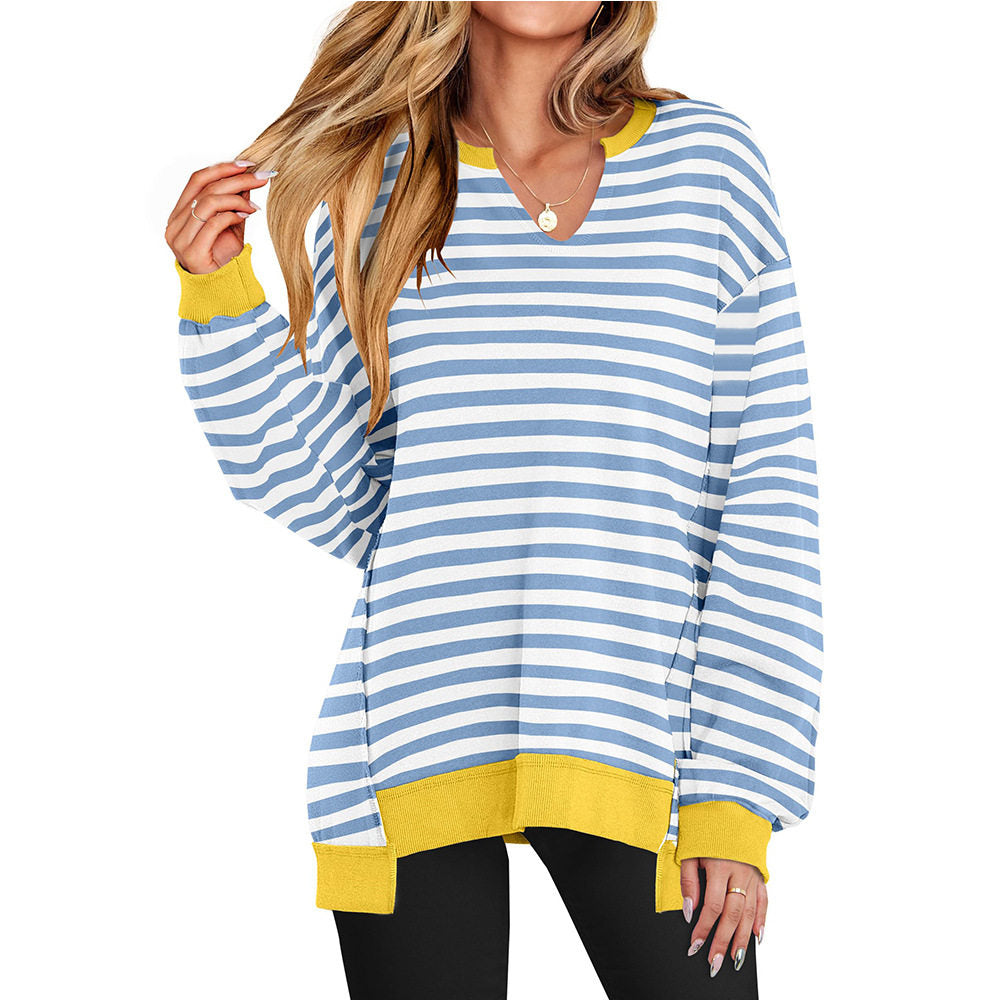 Color Striped V-Neck Loose Hoodie