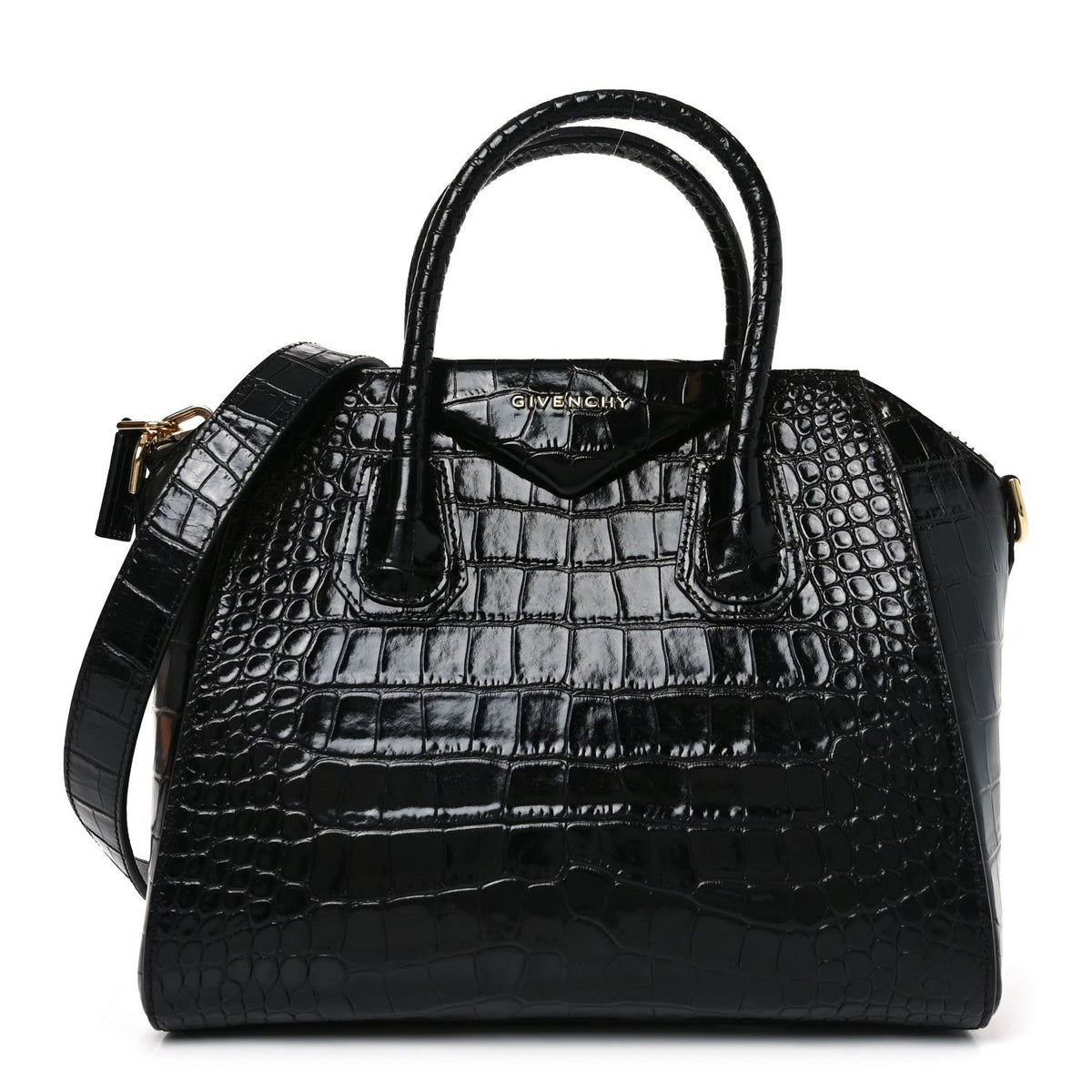 Calfskin Crocodile Embossed Small Antigona Black