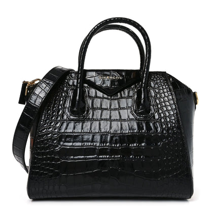 Calfskin Crocodile Embossed Small Antigona Black