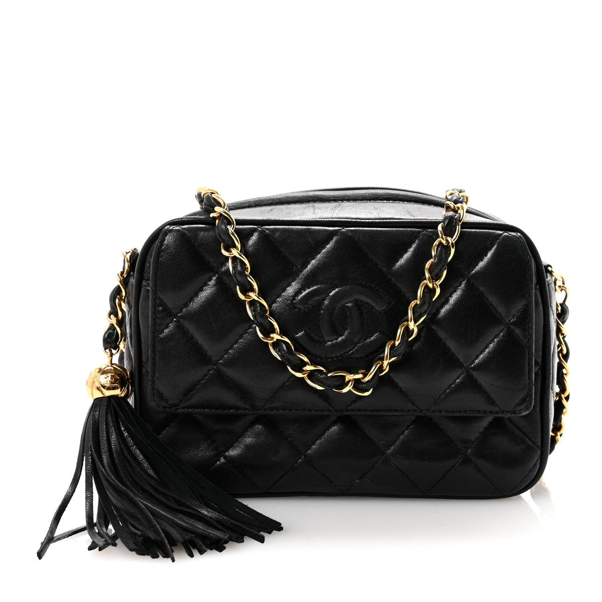 Lambskin Quilted Tassel Camera Case Black
