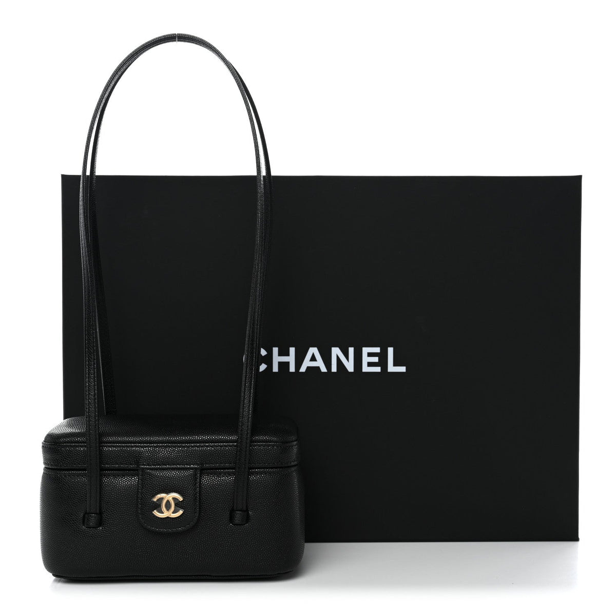 Shiny Caviar Preppy Coco Long Vanity With Strap Black