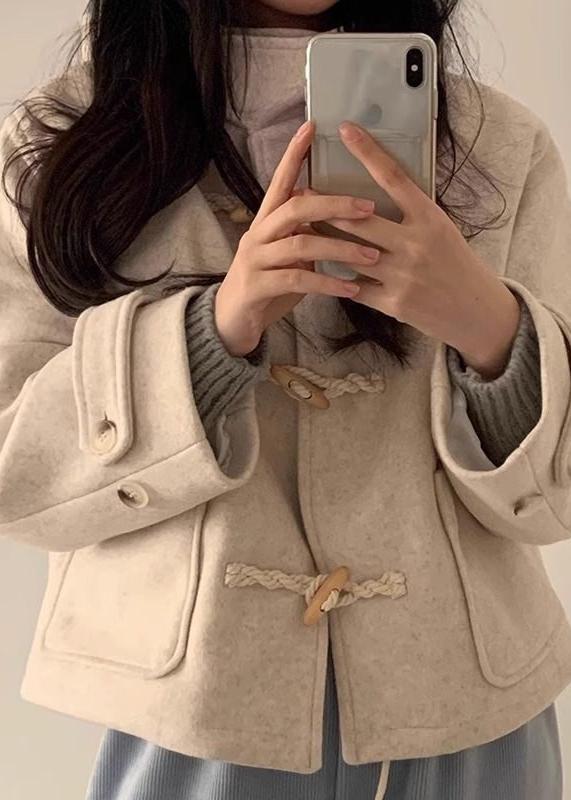Woolen Hooded Coat with Horn Buttons and Pockets