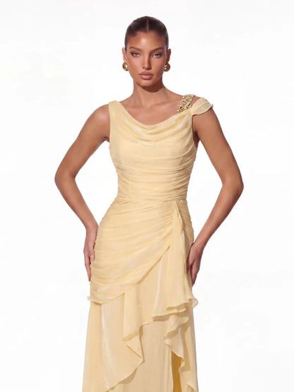 Lurevin Butter Yellow Ruffle Maxi Dress