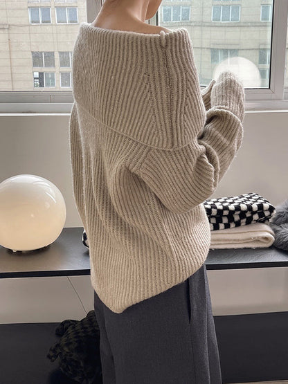 Casual Loose Long Sleeves Solid Color Lapel Sweater Tops