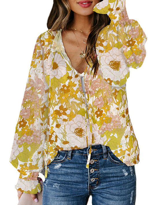 Flared Sleeves Long Sleeves Buttoned Elasticity Flower Print Hollow Tied V-Neck Blouses&Shirts Tops