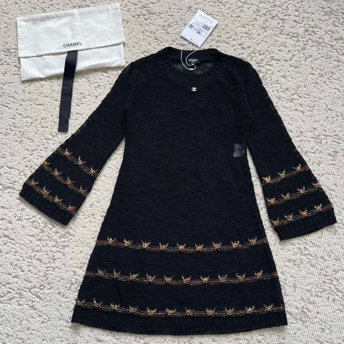 CC Butterfly-Trimmed Bell Sleeve Dress Black Wool 346483