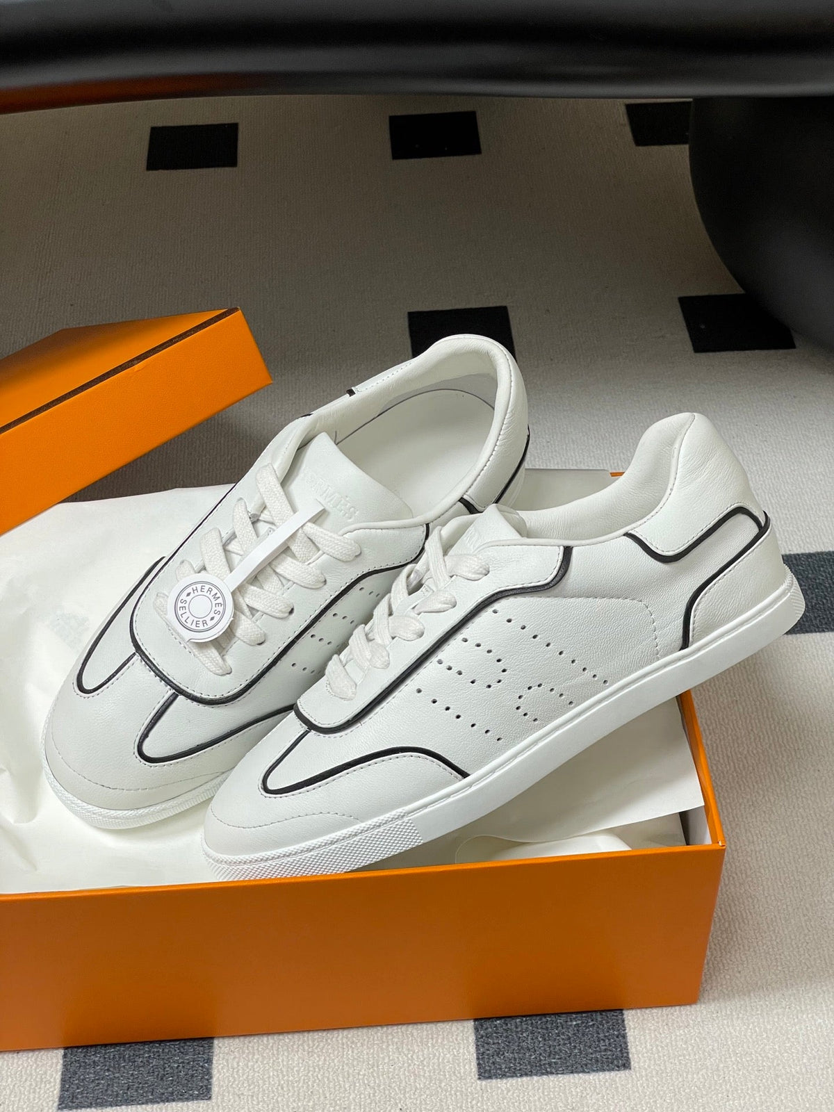 Hermes 26 Match Sneakers White Black in Calfskin 594338