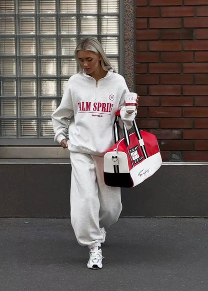 Letter Print Zip Up Sweater Set In Cozy Fabric
