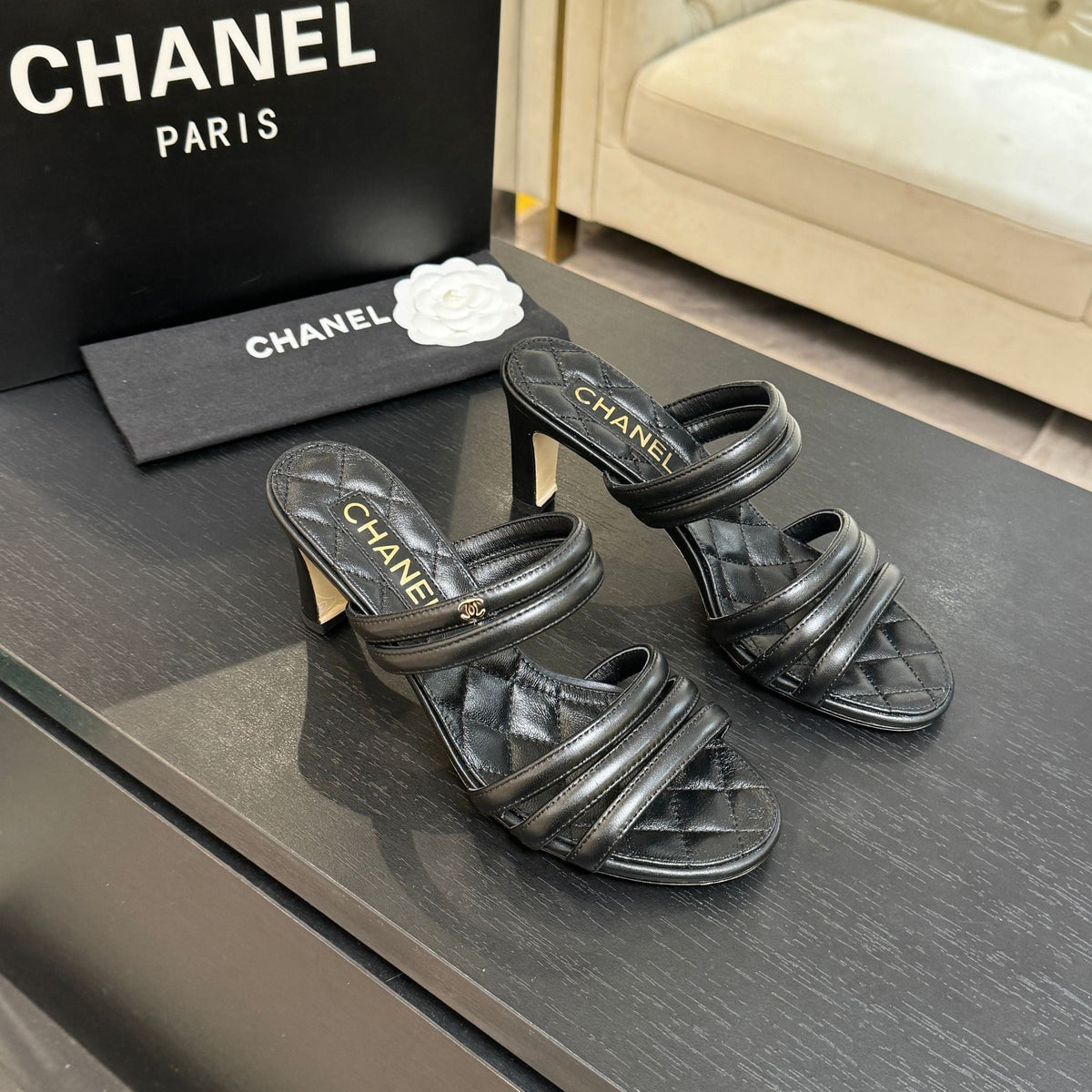 CC 26C Double C Strap Sandals Black Sheepskin