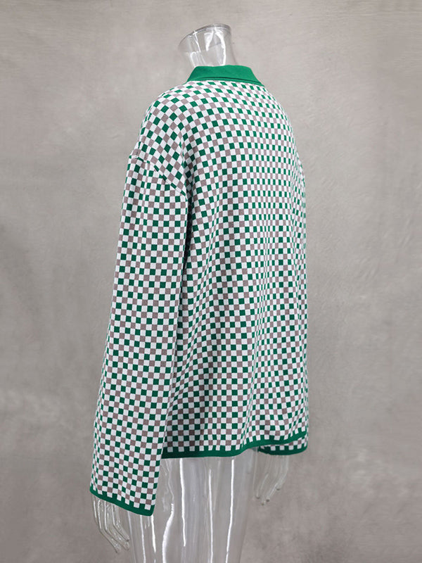 Long Sleeves Loose Plaid Split-Joint Lapel Cardigan Tops Sweater Tops