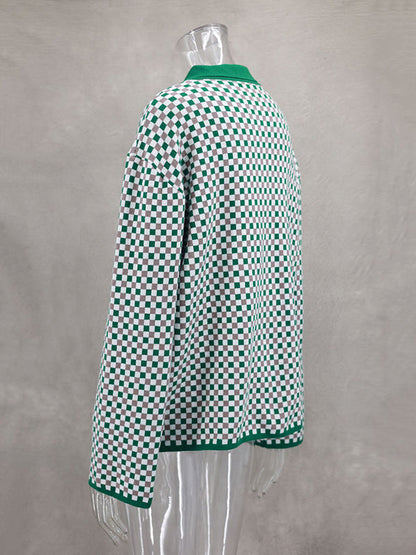 Long Sleeves Loose Plaid Split-Joint Lapel Cardigan Tops Sweater Tops