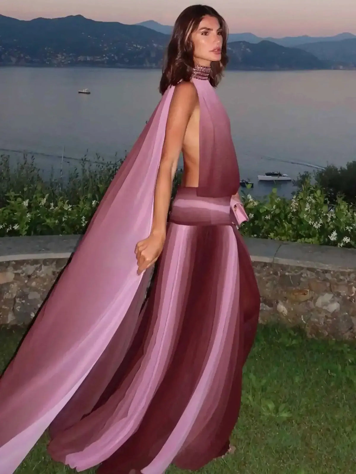 Nyla Halter Neck Draped Cape Maxi Dress