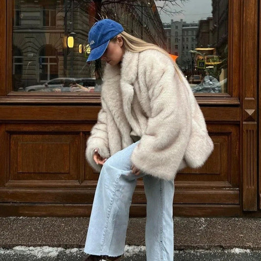 Faux Fur Collar Jacket Loose Paneled Lapel Outerwear