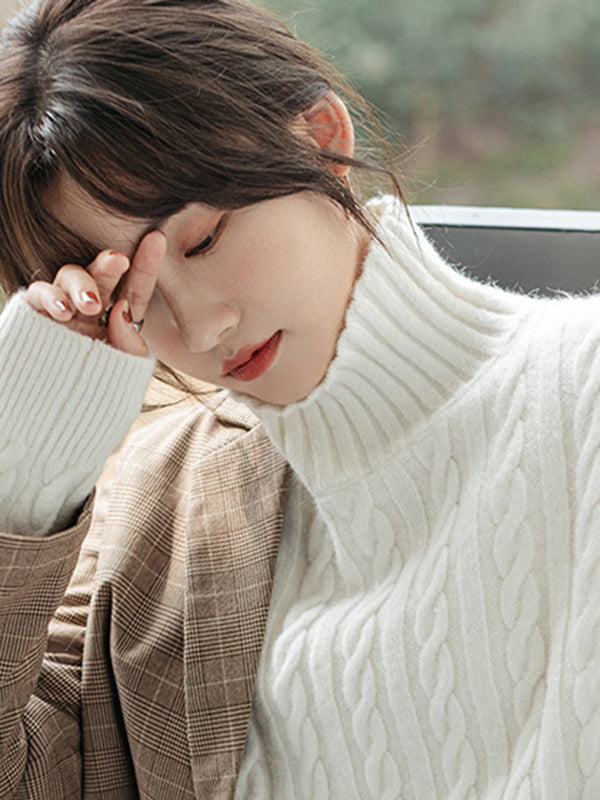 Casual Long Sleeves Loose Solid Color High-Neck Sweater Tops