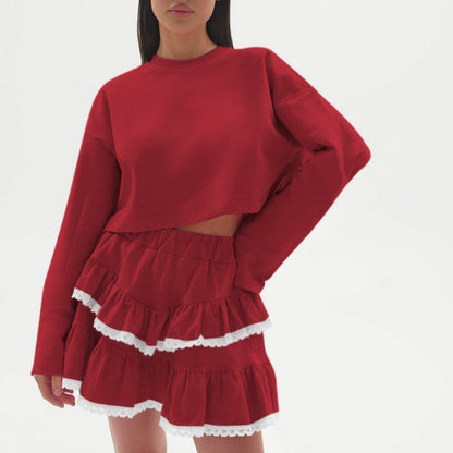 Color Block Crop Hoodie Lace Skirt Set