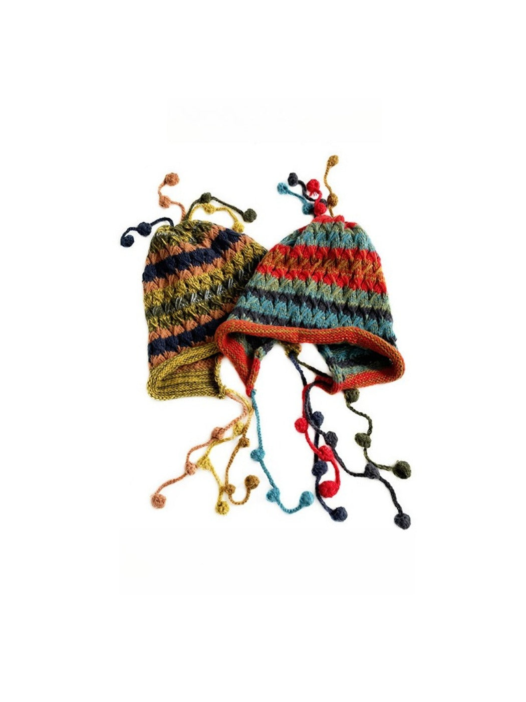 Haila - Colorful Earflap Knitted Beanie with Pompoms