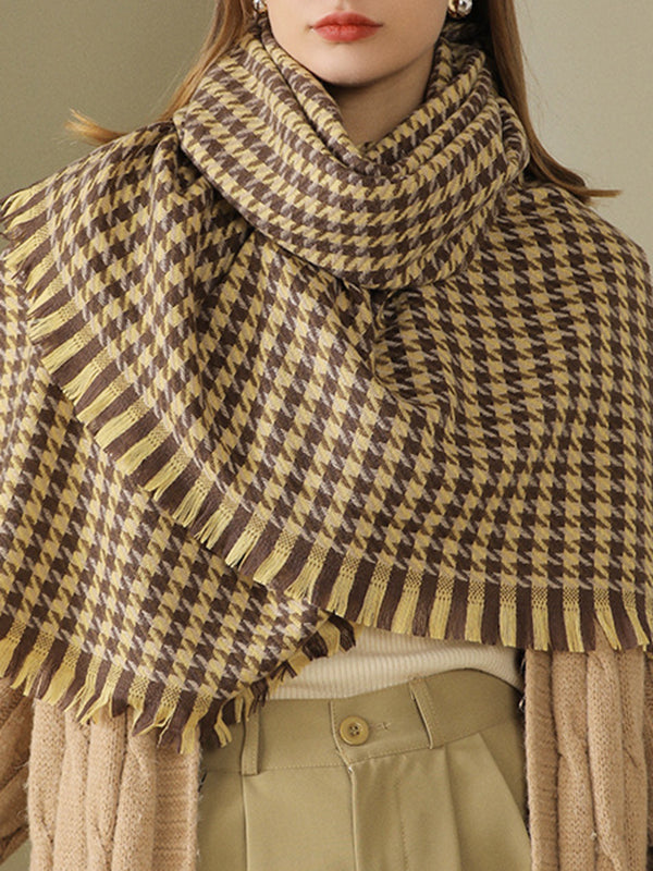 Fringed Houndstooth Keep Warm Shawl&Scarf