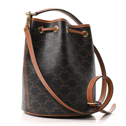 Triomphe Canvas Calfskin Clara Drawstring Bucket Bag Tan