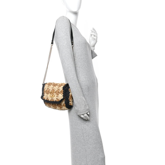 Raffia Azalea Calfskin Crochet Flower Small GG Marmont Shoulder Bag Natural Ecru Black