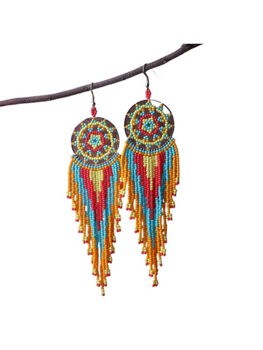 Earwish - Boho Colorful Beaded Fringe Earrings - Playful &amp; Brightly