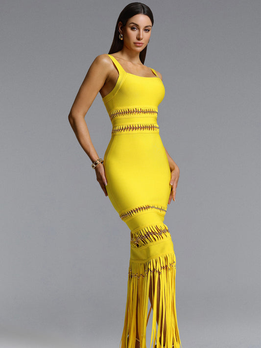 Acacia Sleeveless Beaded Fringe Bandage Maxi Dress