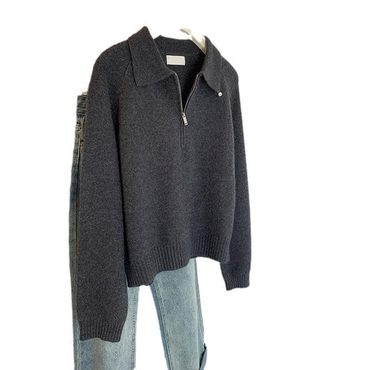 Solid Color Loose Collar Zipper Sweater Dacron Acrylic