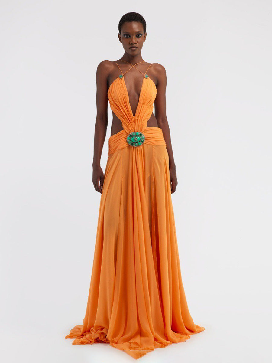 Callista Sexy Ruched Mesh Backless Maxi Dress