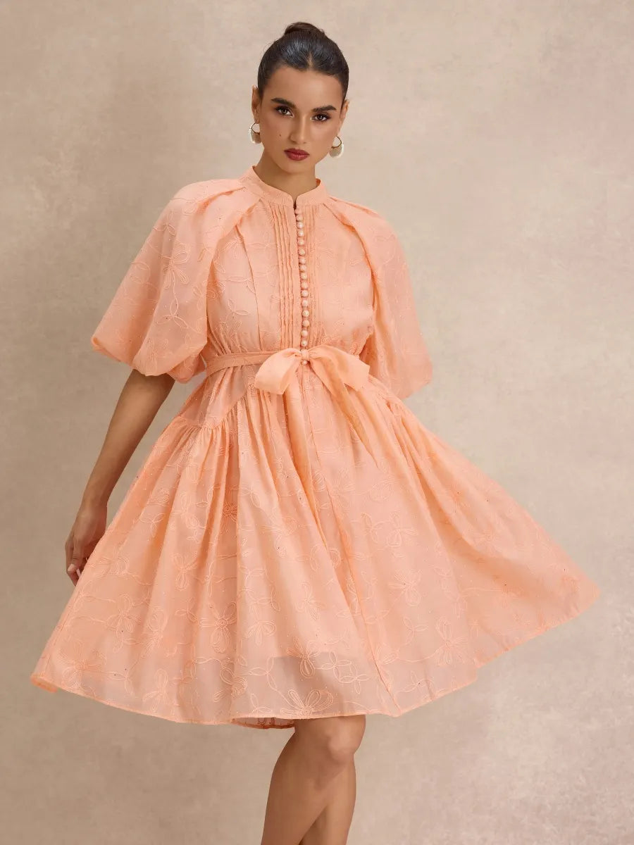 Hailey Floral-Embroidered Puff-Sleeve Midi Dress