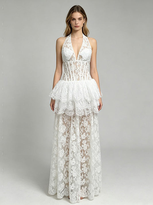 Jocelyn Lace-Panel Halter Maxi Dress