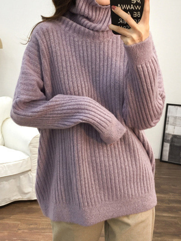 Casual Long Sleeves Loose Solid Color High-Neck Sweater Tops