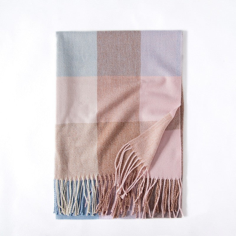 Color Block Plaid Fringe Scarf