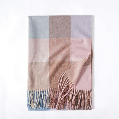 Color Block Plaid Fringe Scarf