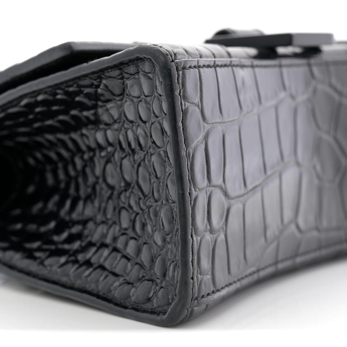 Shiny Calfskin Monochrome Crocodile Embossed Hourglass Top Handle Bag XS Black