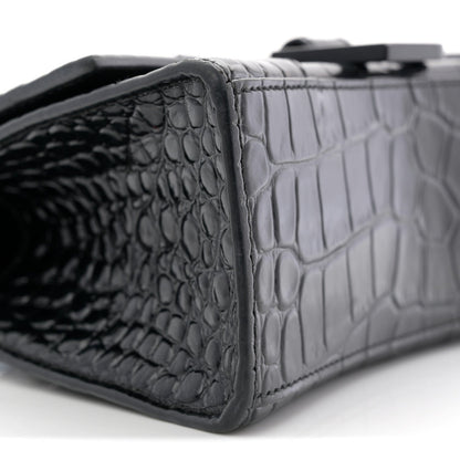 Shiny Calfskin Monochrome Crocodile Embossed Hourglass Top Handle Bag XS Black