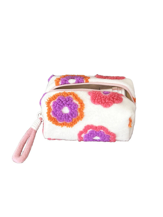 Cosbai - Floral Tweed Zipper Makeup Bag with Handles