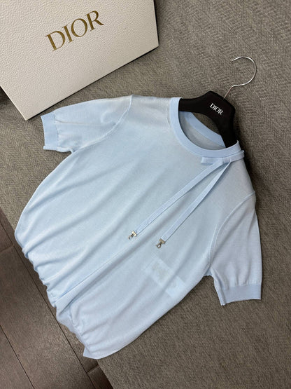 CD Short-Sleeved Fitted Sweater Sky Blue Silk Knit 349493