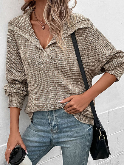 Casual Loose Long Sleeves Solid Color Lapel Collar Sweater Tops
