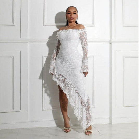 Lace Off Shoulder Asymmetrical Bustier Bodycon Dress