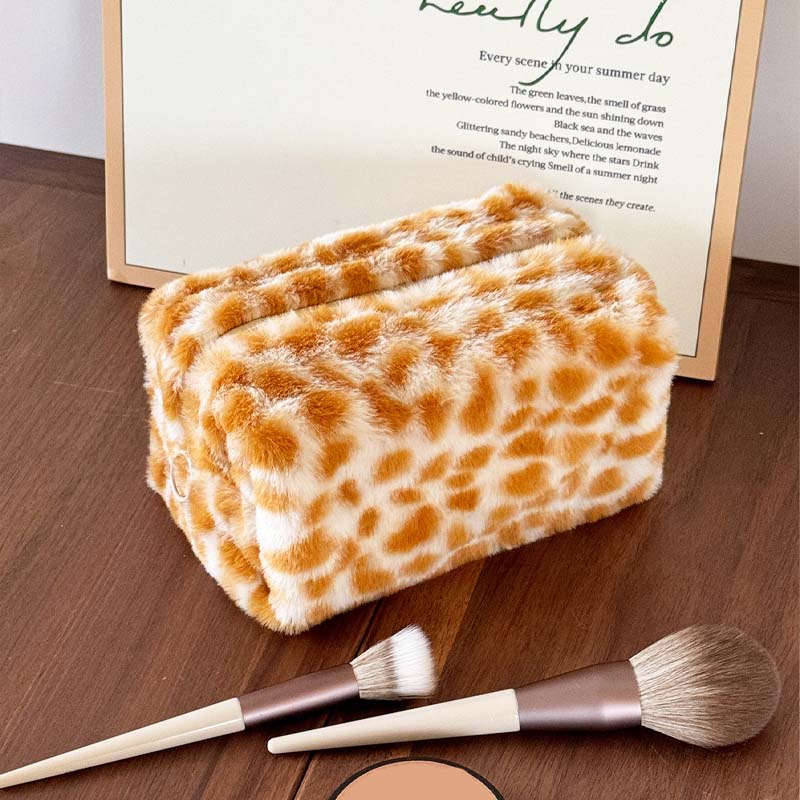 Fuzzy Plush Leopard Print Travel Cosmetic Bag