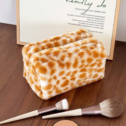 Fuzzy Plush Leopard Print Travel Cosmetic Bag