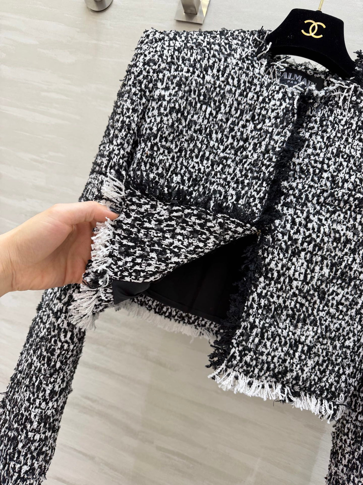 Balmain Short Jacket Black White Tweed 344762