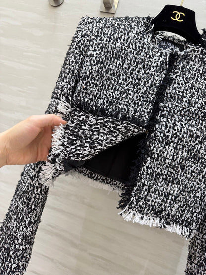 Balmain Short Jacket Black White Tweed 344762
