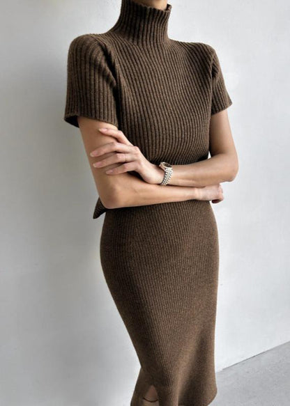 Two Piece Knit Set With Mock Neck And Skirt
