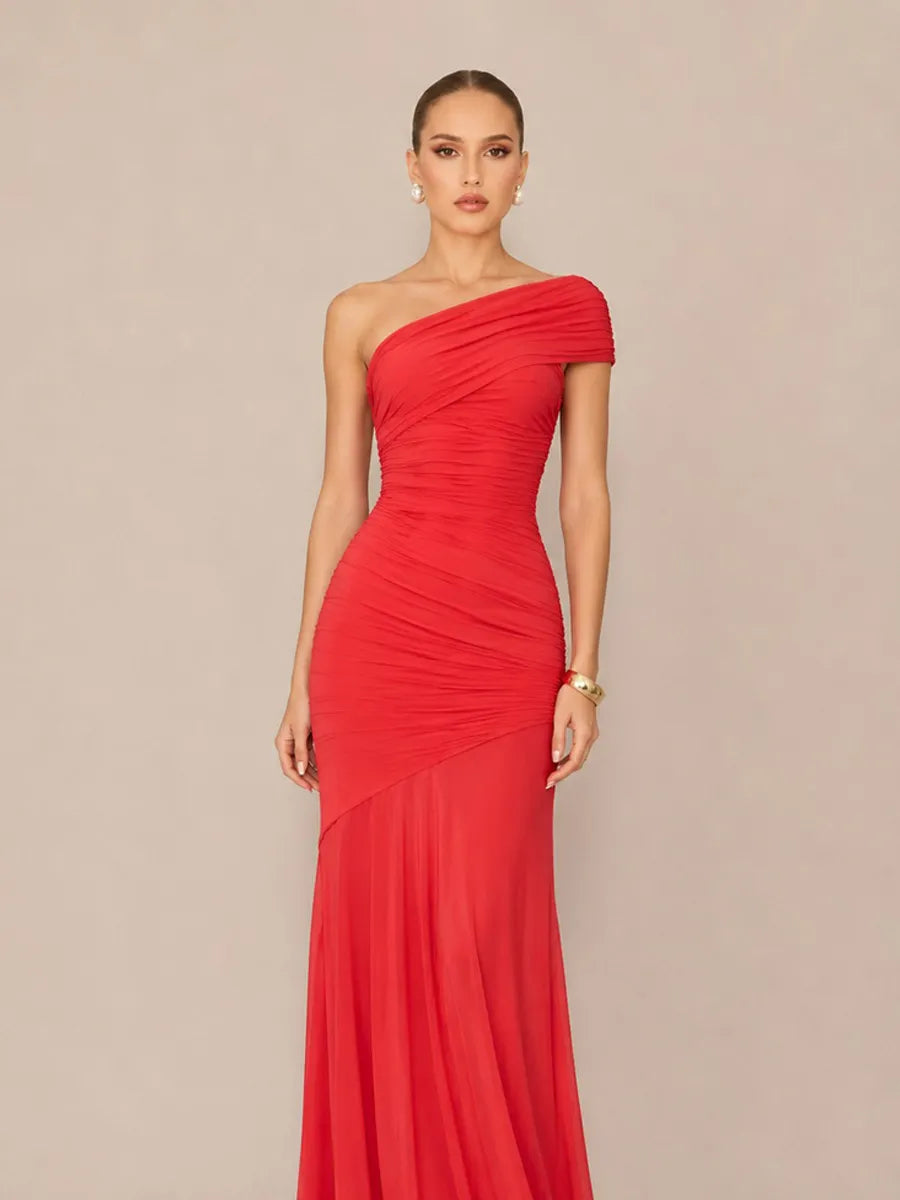 Marcella Asymmetric Neckline Strapless Back-Revealing Bodycon Maxi Dress