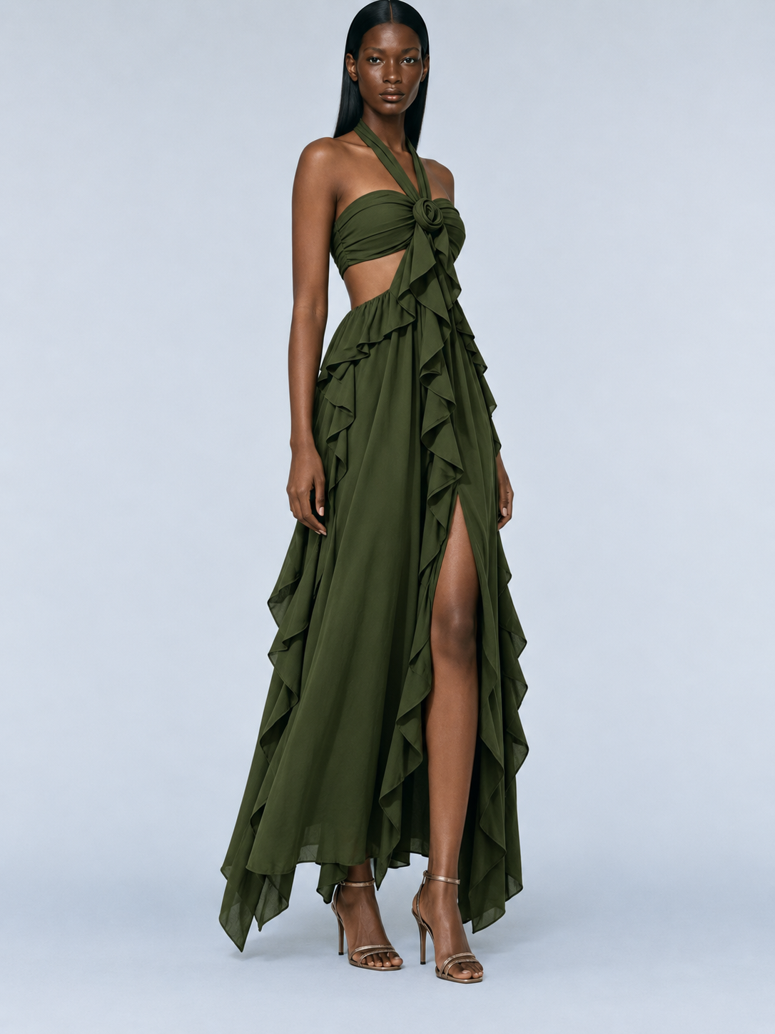 Solange Halter-Neck Ruffled Backless Maxi Dress