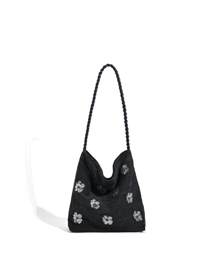 Cosbai - Black Single-shoulder Denim Bag with Sequin Decorations